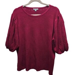Ophelia Roe Berry Red Pointelle Knit Puff Sleeve Top Plus Size 2X
